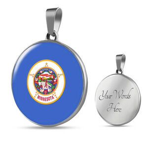 Minnesota State Flag Circle Pendant Necklace Stainless Steel 24 Inch Chain Silv